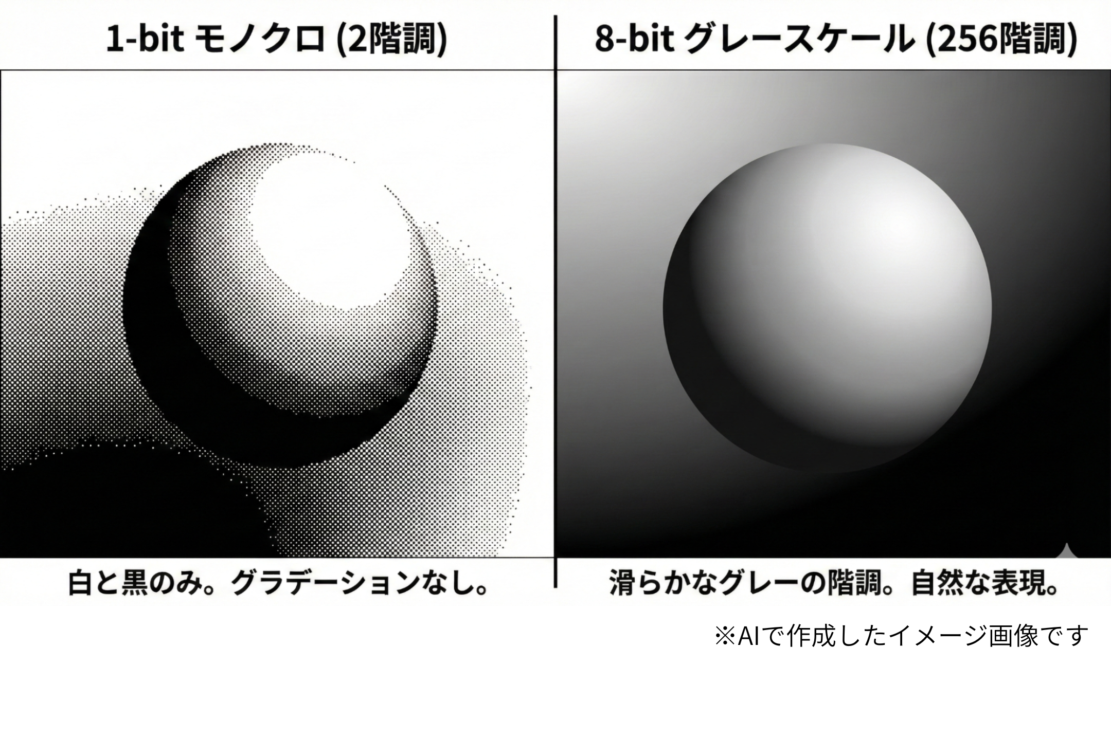 モノクロとグレースケールの違い（イメージ）