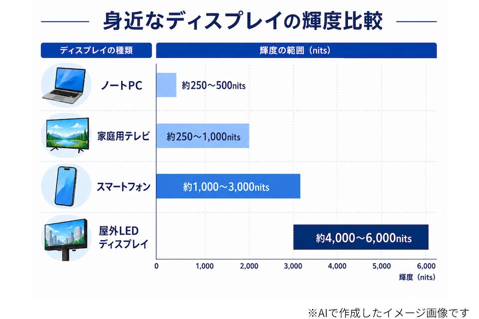 身近なディスプレイの輝度比較イメージ図